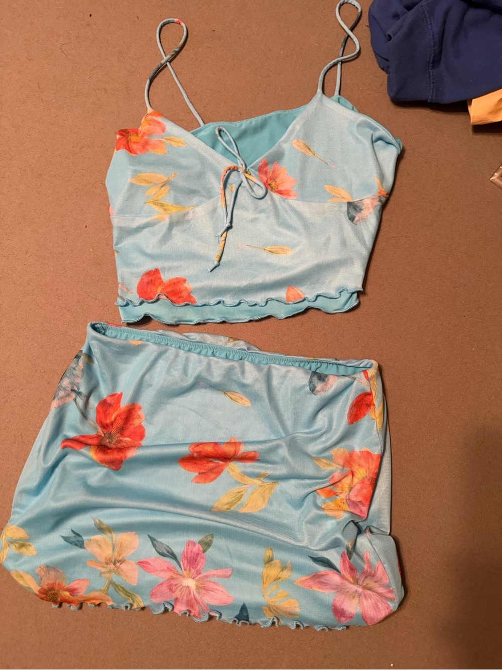 Zaful Light Blue Floral Two-Piece Skirt Set